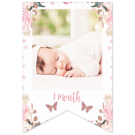 ピンクのフローラグリッター蝶の毎月のバナー バンティングフラッグ (第3の旗)