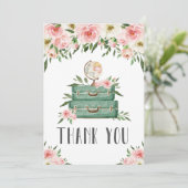 ピンクのフローラグリーンリーアドベンチャーベビーシャワー旅行 サンキューカード (スタンド正面)