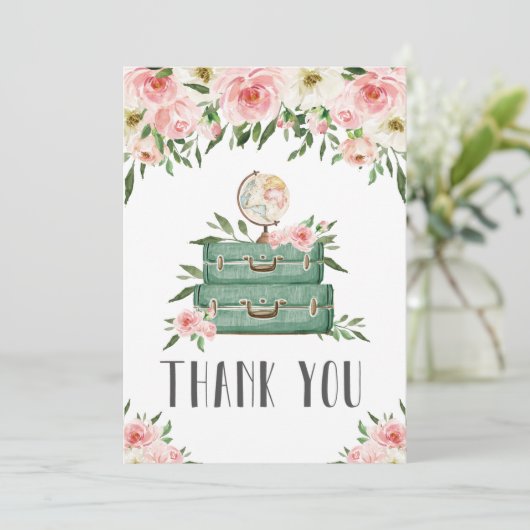 ピンクのフローラグリーンリーアドベンチャーベビーシャワー旅行 サンキューカード (スタンド正面)