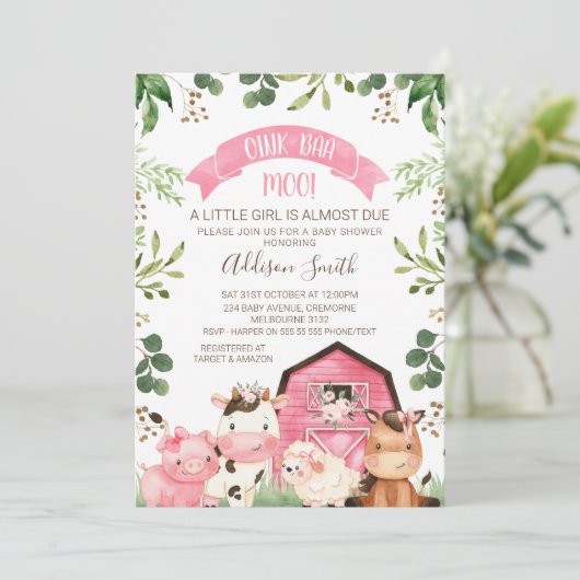 ピンクのフローラグリーンリーファームとバームベビーシャワー 招待状