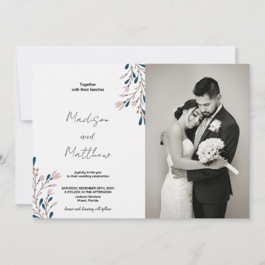 ピンクのフローラグリーン結婚式招待状と写真 招待状 (正面)