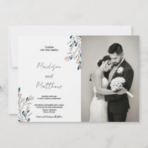 ピンクのフローラグリーン結婚式招待状と写真