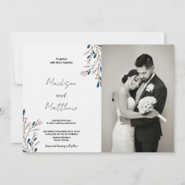 ピンクのフローラグリーン結婚式招待状と写真 招待状