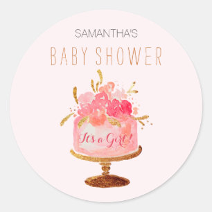 ピンクのフローラケーキその女の子の赤ちゃんシャワーシール ラウンドシール