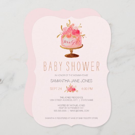 ピンクのフローラケーキその女の子ベビーシャワー招待状 招待状 (正面/裏面)