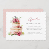ピンクのフローラケーキの最初の誕生日パーティーの招待 招待状 (正面/裏面)