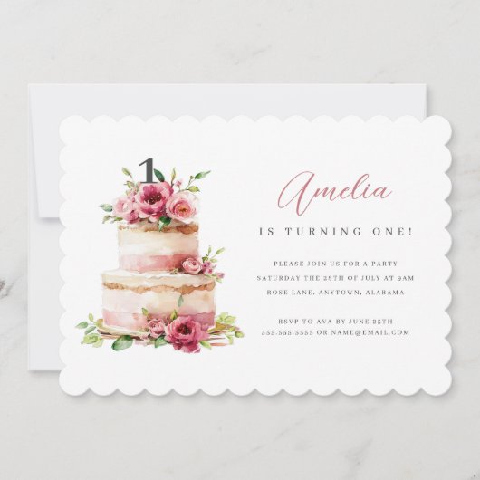 ピンクのフローラケーキの最初の誕生日パーティーの招待 招待状 (正面)
