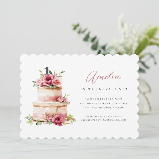 ピンクのフローラケーキの最初の誕生日パーティーの招待 招待状 (スタンド正面)
