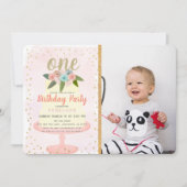 ピンクのフローラケーキガール写真1st誕生日 招待状 (正面)