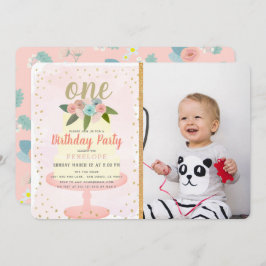 ピンクのフローラケーキガール写真1st誕生日 招待状