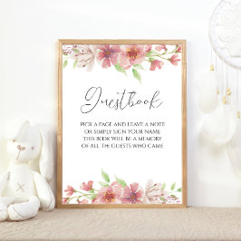 ピンクのフローラゲストブックの看板ポスター ポスター