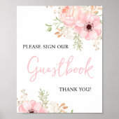 ピンクのフローラゲストブックベビーシャワーのサイン ポスター (正面)