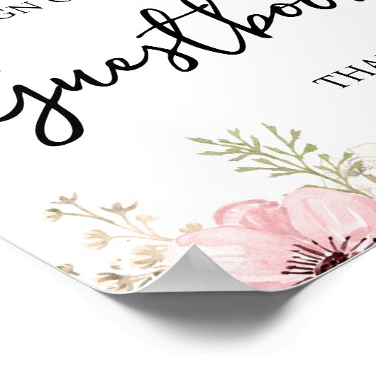 ピンクのフローラゲストブックベビーシャワーのサイン ポスター (角)