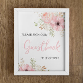 ピンクのフローラゲストブックベビーシャワーのサイン ポスター