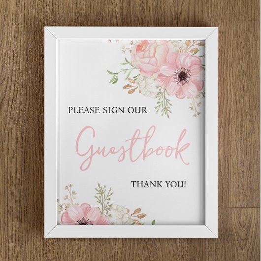 ピンクのフローラゲストブックベビーシャワーのサイン ポスター