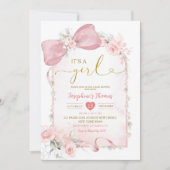 ピンクのフローラコケットが女の子の赤ちゃんシャワーをボウ 招待状 (正面)