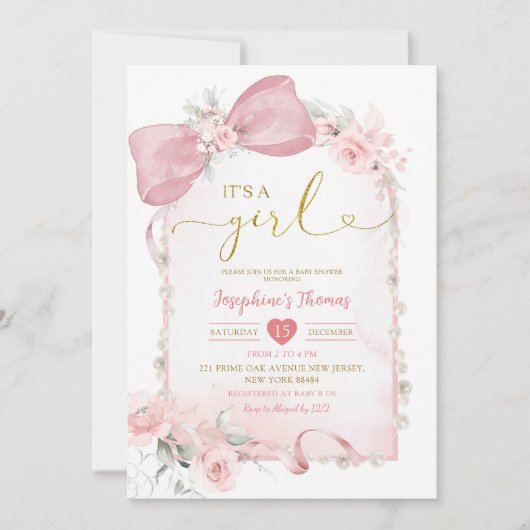 ピンクのフローラコケットが女の子の赤ちゃんシャワーをボウ 招待状 (正面)