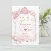 ピンクのフローラコケットが女の子の赤ちゃんシャワーをボウ 招待状 (スタンド正面)