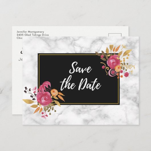 ピンクのフローラコーナーのブークオンブラック日付を保存 案内ポストカード (正面/裏面)