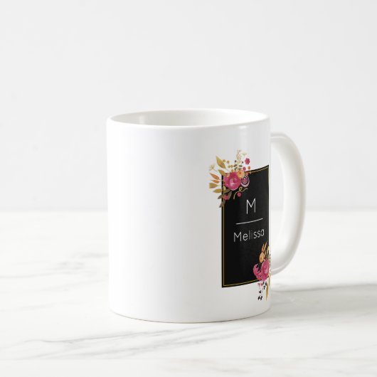 ピンクのフローラコーナーブークオンブラックフレームカスタム コーヒーマグカップ (正面右)