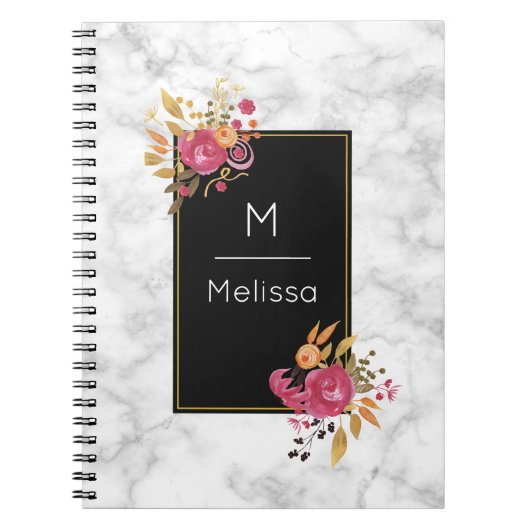 ピンクのフローラコーナーブークオンブラックフレームカスタム ノートブック (正面)