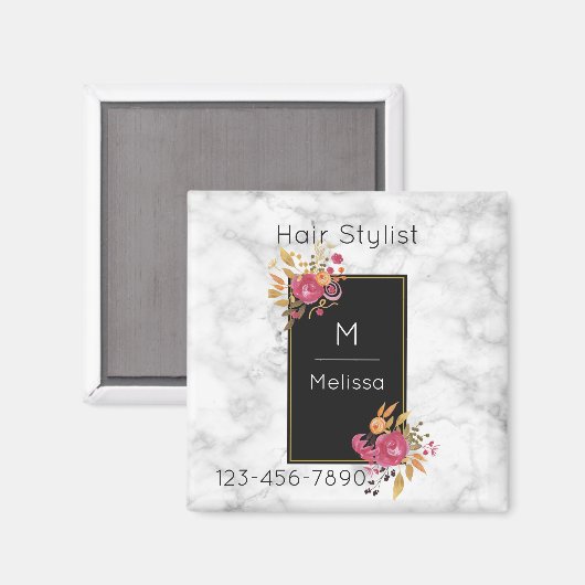 ピンクのフローラコーナーブーケオンブラックフレームビジネス マグネット (正面/裏面)