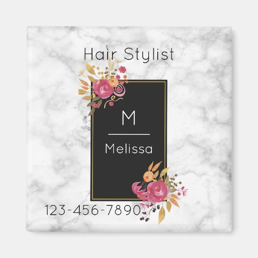 ピンクのフローラコーナーブーケオンブラックフレームビジネス マグネット (正面)