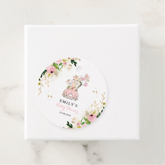 ピンクのフローラサファリの動物が赤ちゃんシャワーでドライブ フェイバータグ (インサイチュ)