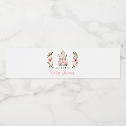 ピンクのフローラサファリの動物が赤ちゃんシャワーでドライブ ペットボトルラベル (シングルラベル)