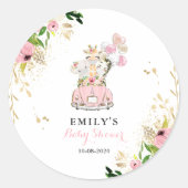 ピンクのフローラサファリの動物が赤ちゃんシャワーでドライブ ラウンドシール (正面)