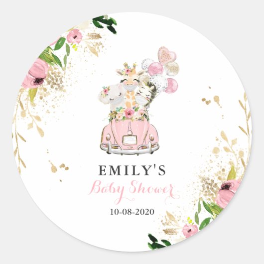 ピンクのフローラサファリの動物が赤ちゃんシャワーでドライブ ラウンドシール (正面)