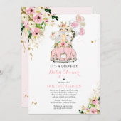 ピンクのフローラサファリの動物が赤ちゃんシャワーでドライブ 招待状 (正面/裏面)