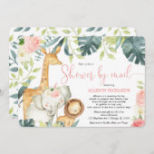 ピンクのフローラサファリシャワーバイメール女の子ベビーシャワー 招待状 (正面/裏面)