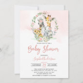 ピンクのフローラサファリジャングル動物ベビーシャワー 招待状 (正面)