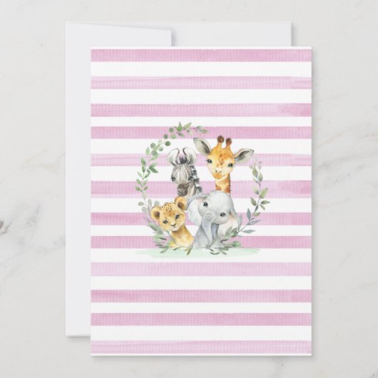 ピンクのフローラサファリジャングル動物ベビーシャワー 招待状 (裏面)