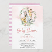 ピンクのフローラサファリジャングル動物ベビーシャワー 招待状 (正面/裏面)