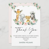 ピンクのフローラサファリベイビーシャワーサンキューカード 招待状 (正面/裏面)