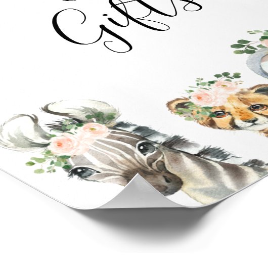 ピンクのフローラサファリ動物ガールズベビーシャワーサイン ポスター (角)