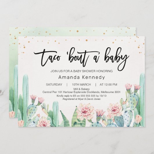 ピンクのフローラサボタコスAベビーベビーシャワー 招待状 (正面/裏面)