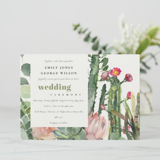 ピンクのフローラサボテンの葉の結婚水色 招待状 (スタンド正面)