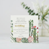 ピンクのフローラサボテンの葉の結婚水色 招待状 (スタンド正面)