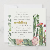 ピンクのフローラサボテンの葉の結婚水色 招待状 (正面)