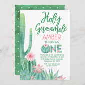 ピンクのフローラサボテン聖グアカモレ1歳の誕生日 招待状 (正面/裏面)