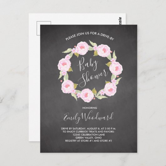 ピンクのフローラシャルボードドライブバイガールベビーシャワー ポストカード (正面/裏面)