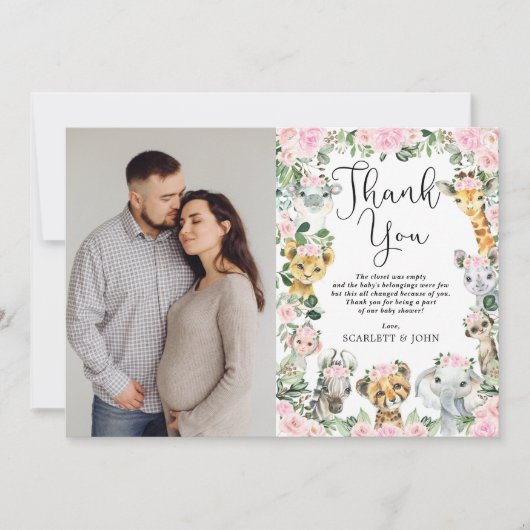 ピンクのフローラジャングルの野生動物のベビーシャワー写真 サンキューカード (正面)