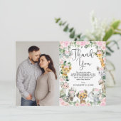 ピンクのフローラジャングルの野生動物のベビーシャワー写真 サンキューカード (スタンド正面)