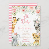 ピンクのフローラジャングルサファリ動物ガールベビーシャワー 招待状 (正面/裏面)