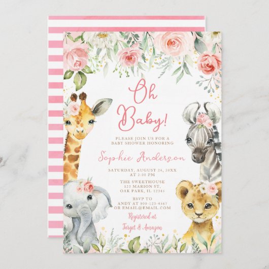 ピンクのフローラジャングルサファリ動物ガールベビーシャワー 招待状 (正面/裏面)