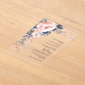 ピンクのフローラスクリプトの結婚水色 アクリル招待状 (レイダウン)