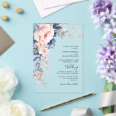 ピンクのフローラスクリプトの結婚水色 アクリル招待状 (インサイチュ (ウェディング))